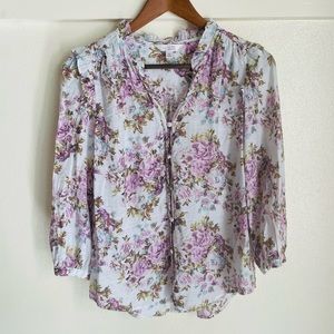 LC Lauren Conrad M White Purple Pink Ruffle Floral Long Sleeve Button Top Blouse